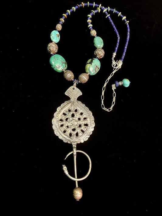 Antique silver fibula from east Algeria Strung with Turquoise -lapis lazuli and old silver.