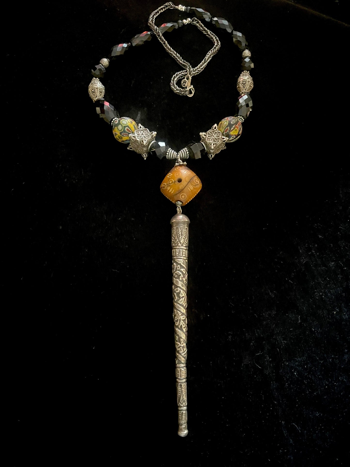 Tunisian silver tube bead pendant.