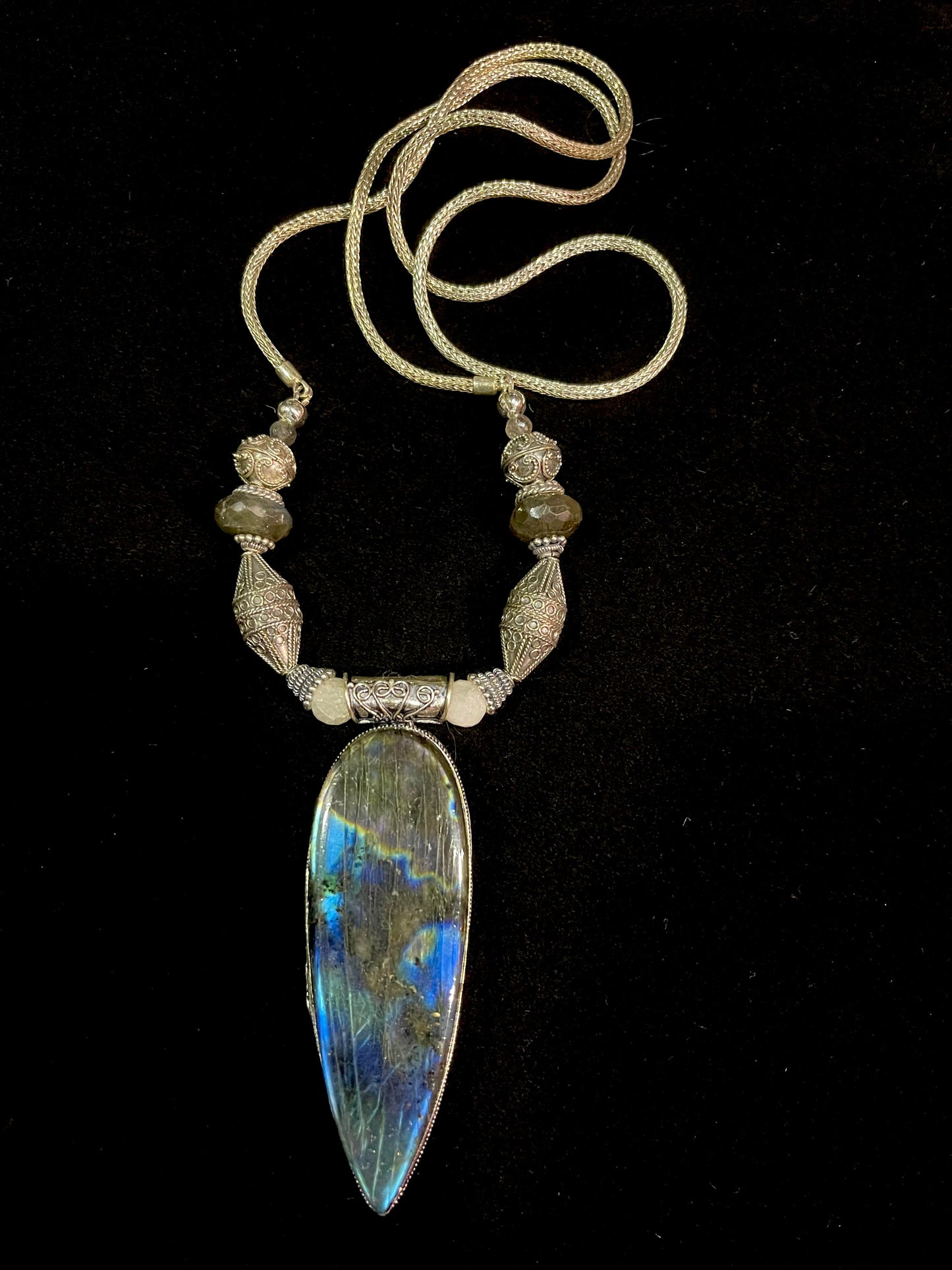Labradorite and silver pendant with silver Bali beads on silver snake chain