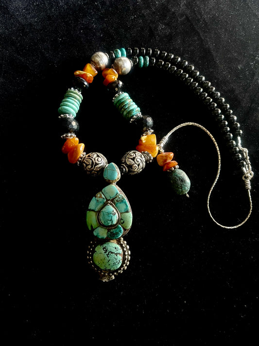 Antique Tibetan Akor Earring with Turquoise Insets
