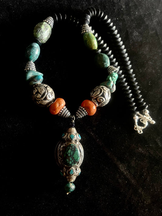 Antique Tibetan Hair Bead with Turquoise.