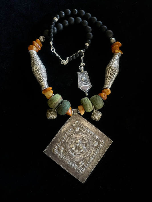 Algerian Silver Pendant with Silver Bicone Beads