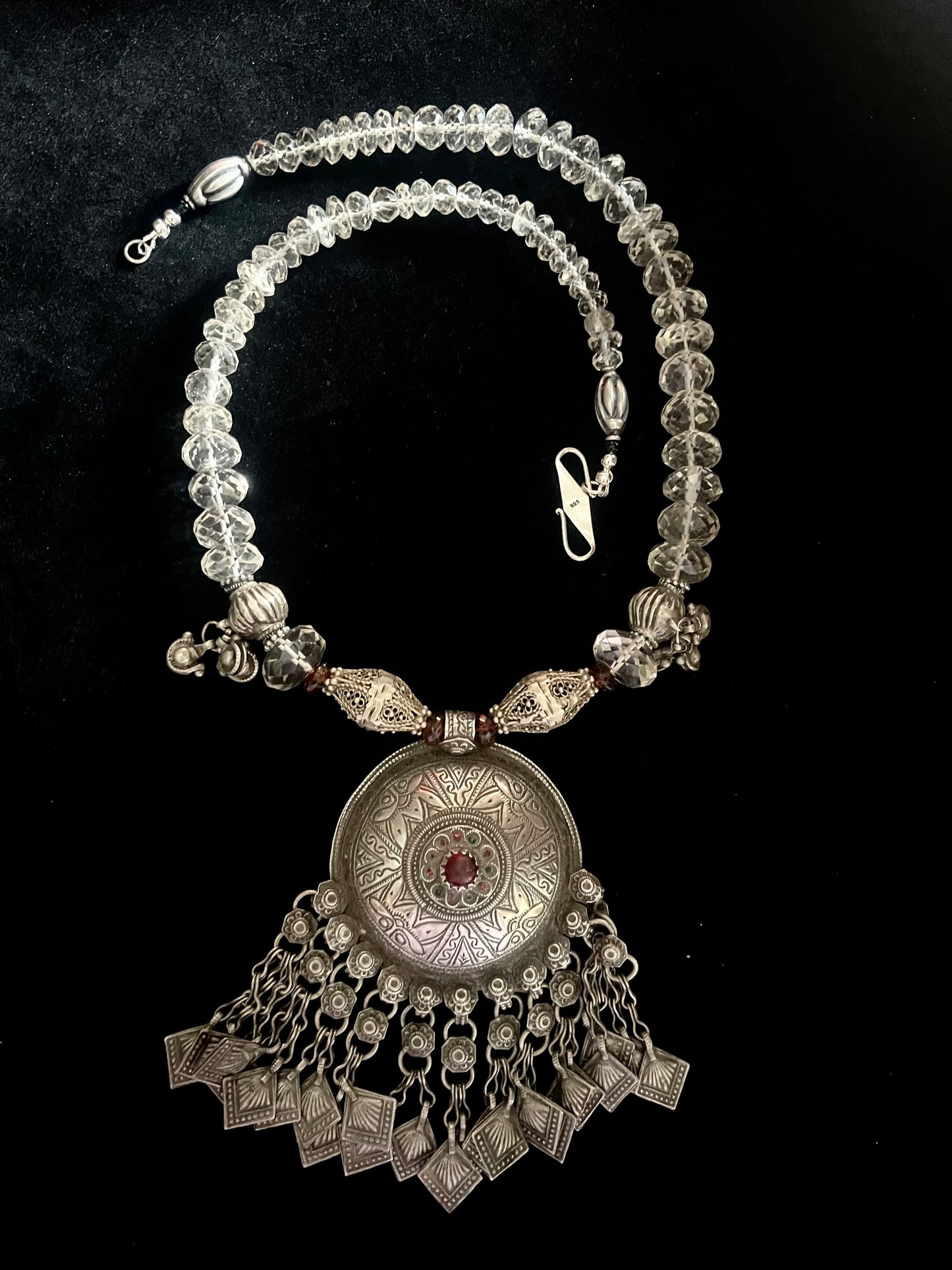 Vintage silver and red glass Coat button used as a pendant