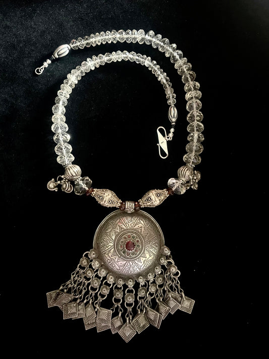 Vintage silver and red glass Coat button used as a pendant
