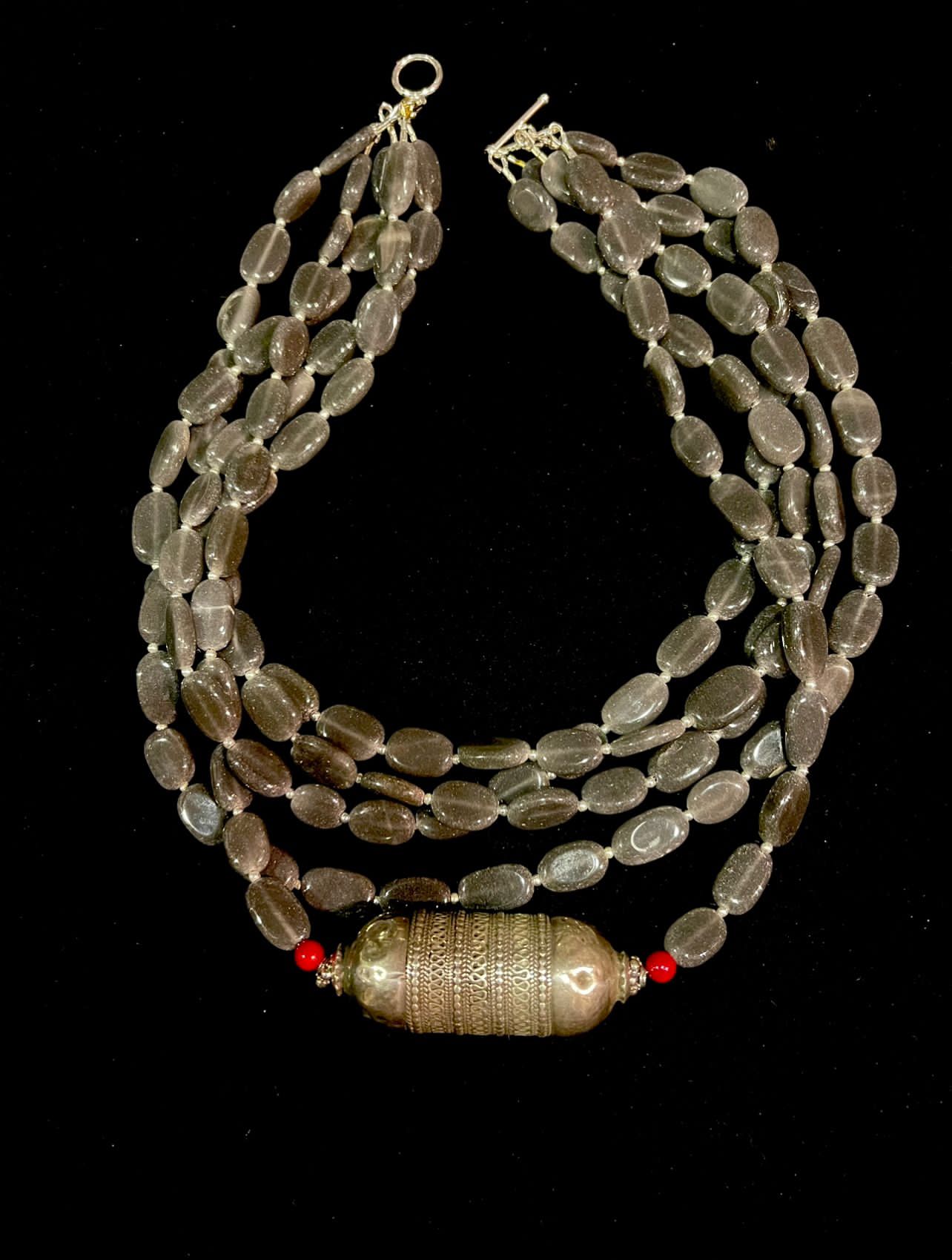 Antique Silver Bead with Five Strands of Grey Moonstone Necklace