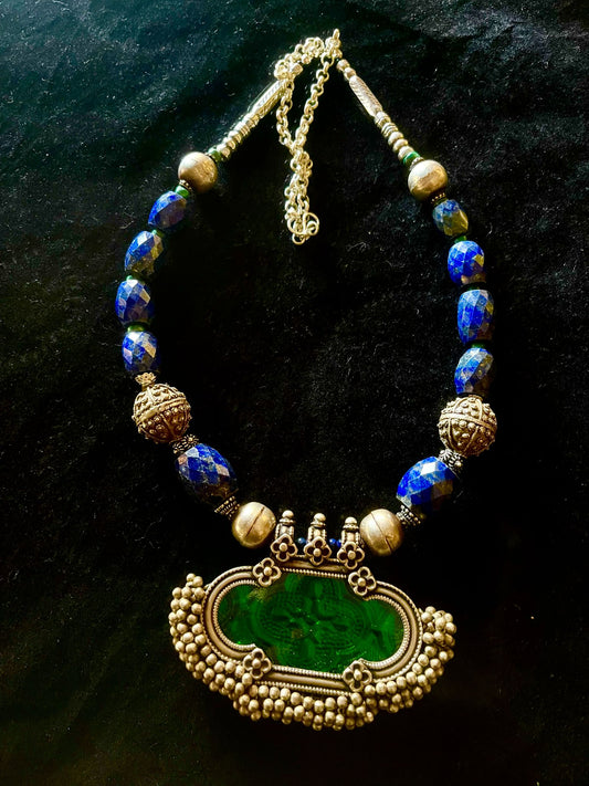 Antique Silver Pendant from Gujarat with Old Glass Inset