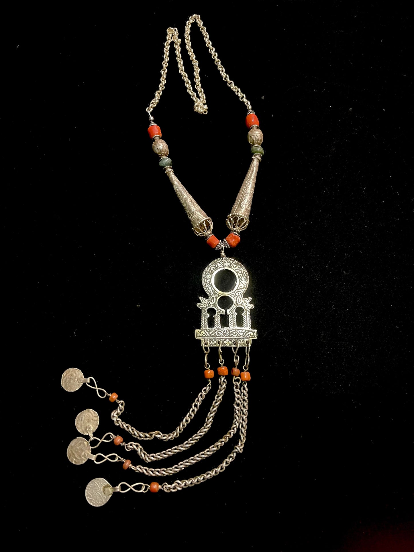 Antique Silver Tunisian Portal Pendant with Coral and Yemeni Silver