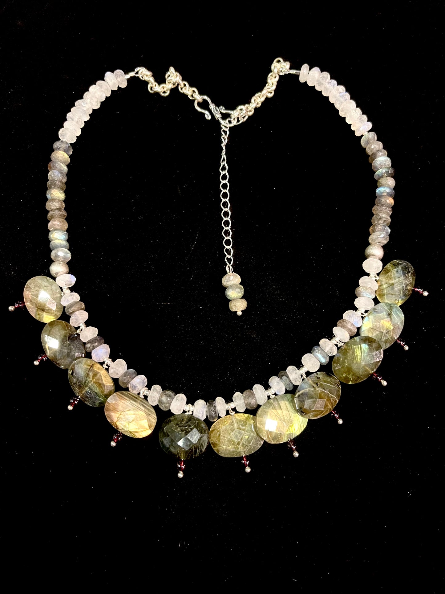 Faceted Labradorite Necklace with Garnets and Moonstones