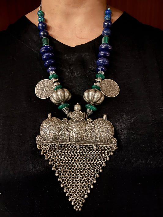 Indian Silver pendant with lapis and malachite
