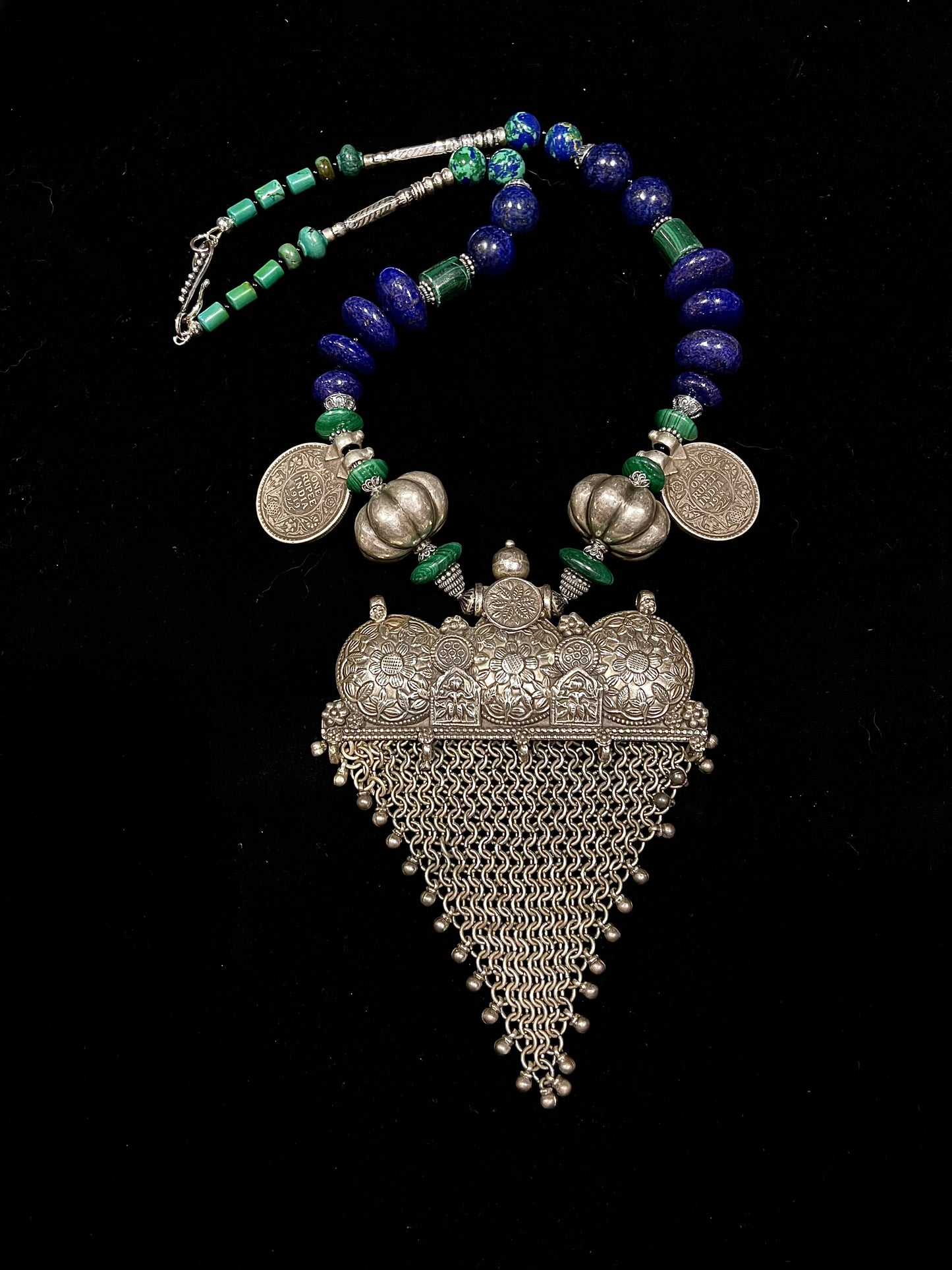 Indian Silver pendant with lapis and malachite