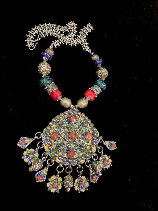 Vintage enamel and coral Kabyle pendant, Strung with silver, Lapis lazuli, and branch coral
