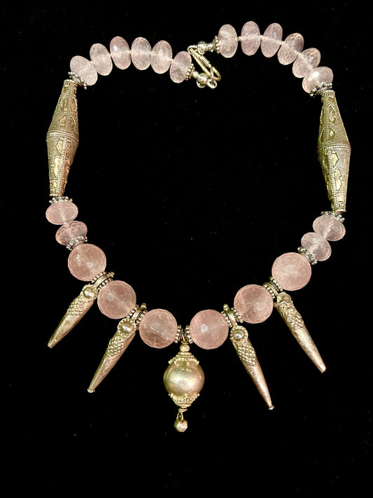 Rose quartz and old silver turkoman bicone beads and pendants and an old silver bead from Sri Lanka
