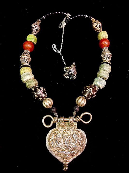 Antique Indian silver pendant with old silver, antique Hebron beads, antique Venetian glass beads, old silver beads and wooden beads