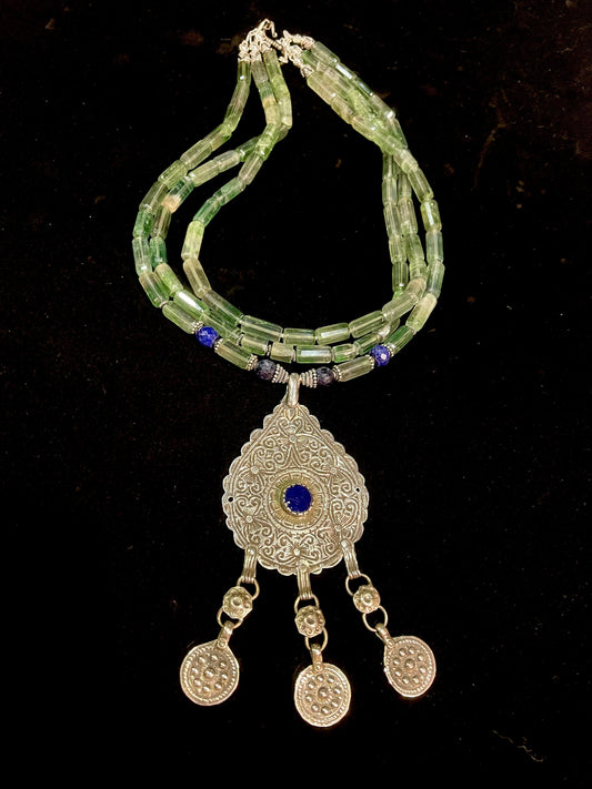 Vintage Moroccan silver pendant, Strung with faceted Lapis Lazuli, silver and green fluorite