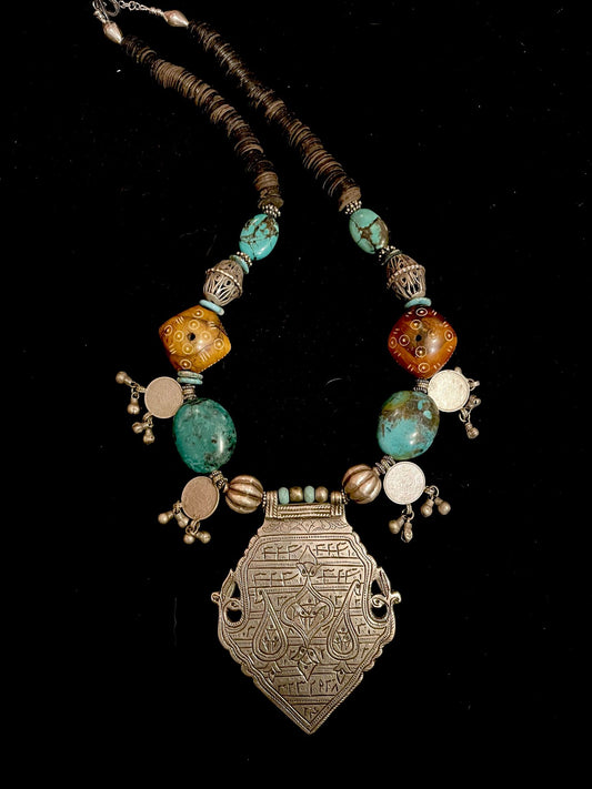 Antique Amulet Pendant with Phenolic Resin, Turquoise, and Old Silver