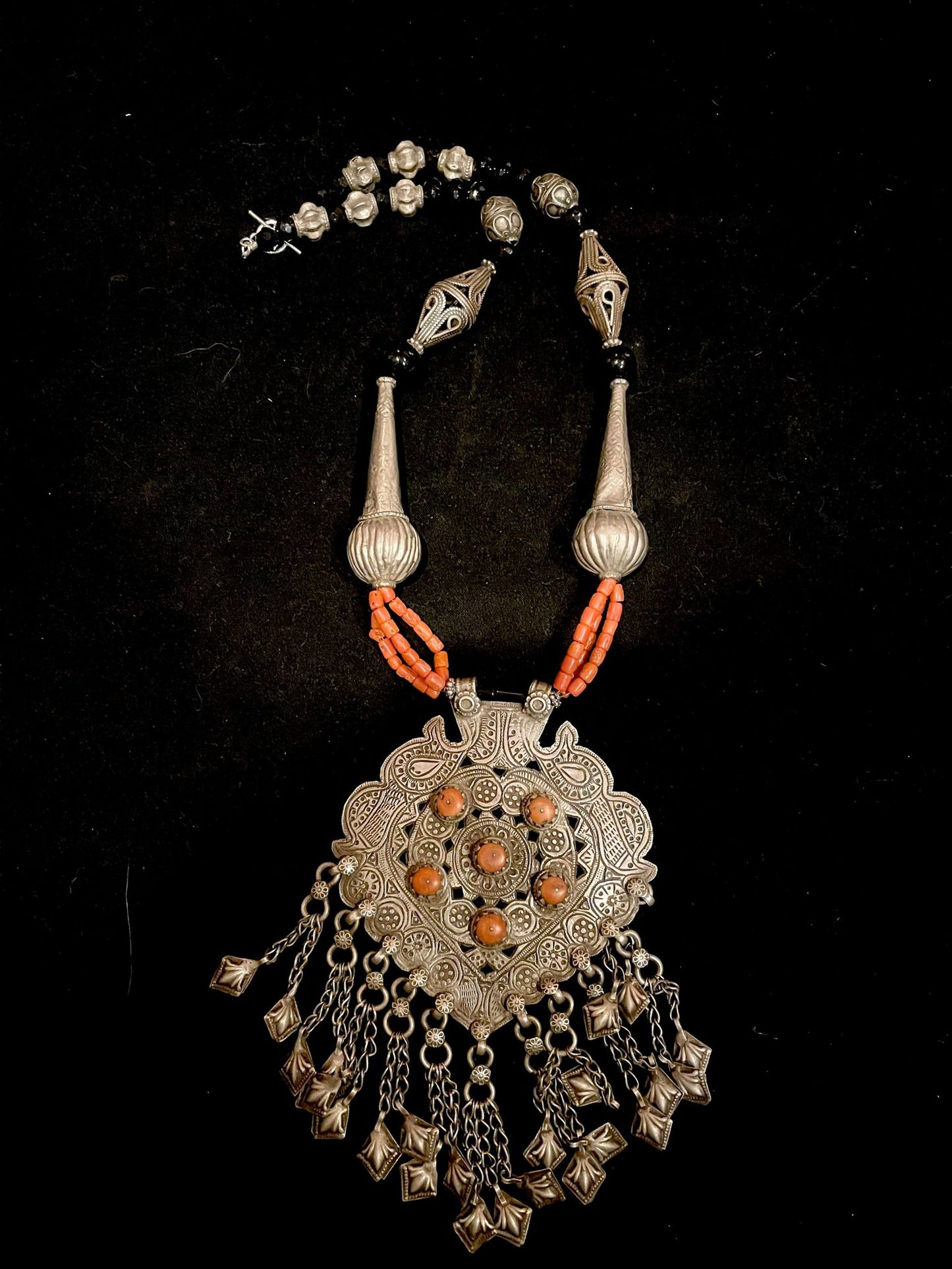 Antique Silver Pendant with Mediterranean Coral and Old Silver