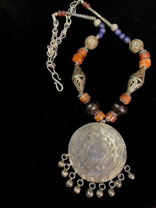 Vintage Silver Pendant with Carnelian, Phenolic Resin, and Lapis Lazuli