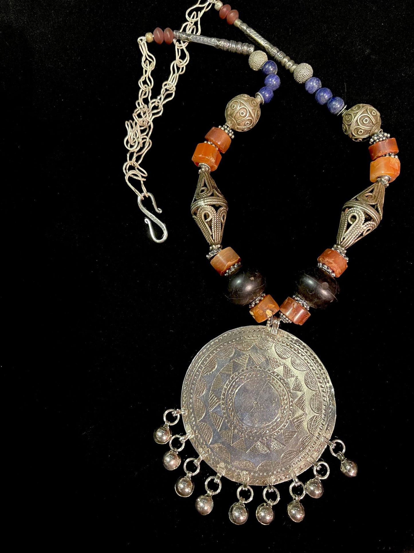 Vintage Silver Pendant with Carnelian, Phenolic Resin, and Lapis Lazuli