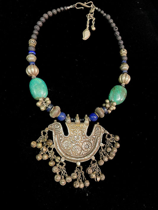 Antique Pendant with Turquoise, Lapis Lazuli, and Old Silver Necklace