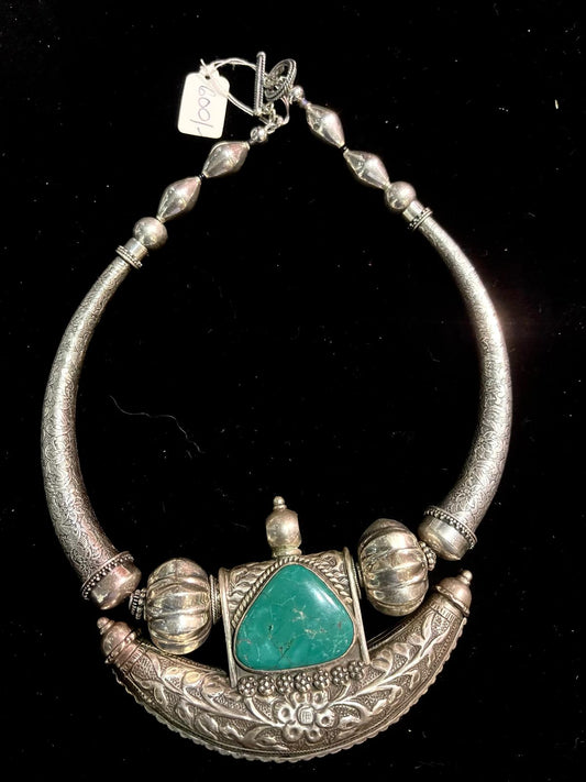 Vintage silver pendant from Rajasthan with large turquoise inset