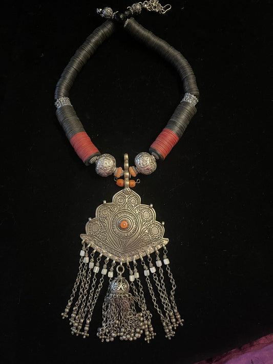 Vintage silver and coral pendant from Afghanistan