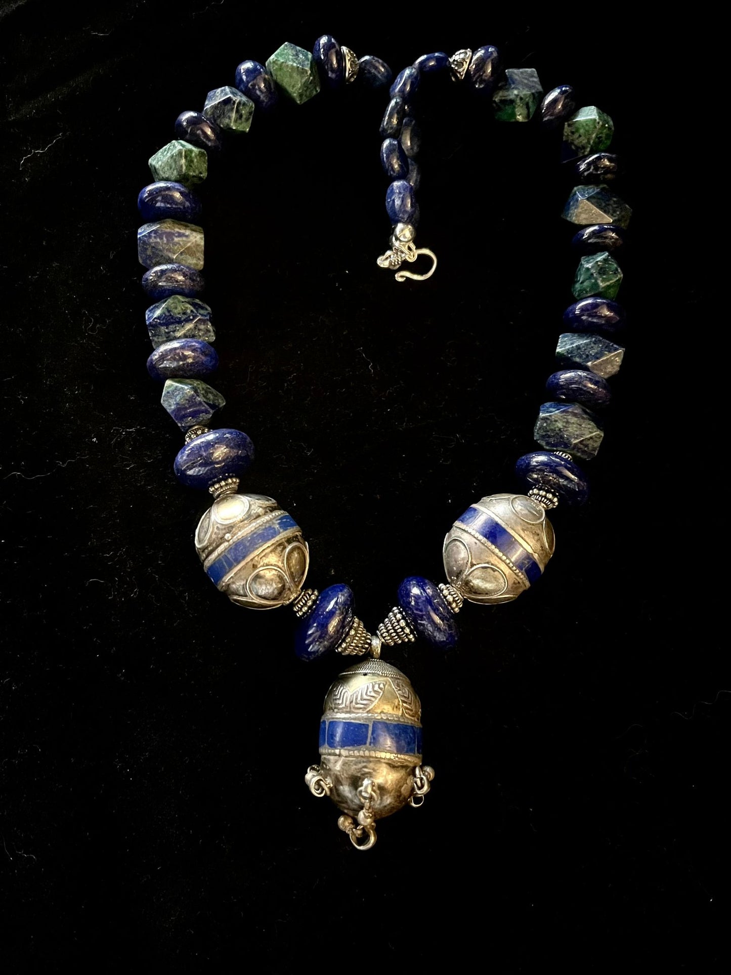 Vintage Turkoman silver beads with lapis insets