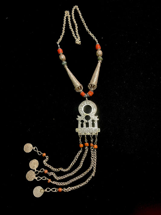 Antique Silver Tunisian Portal Pendant with Coral and Yemeni Silver