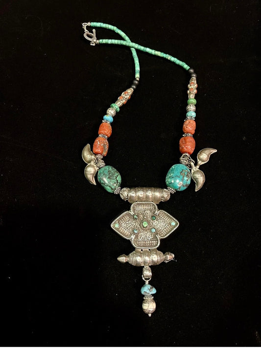 Antique Silver Gau Pendant with Turquoise, Coral, and Silver Beads