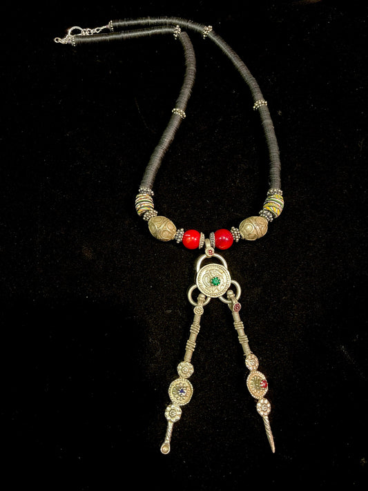 Coral and Vinyl Beads Antique Silver Necklace