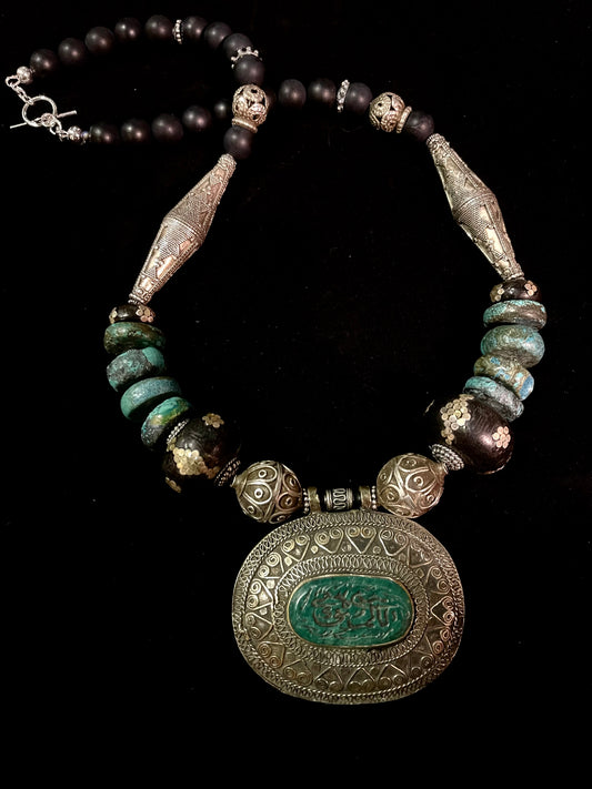 Antique pendant from turkey strung with old silver turkoman bicone beads