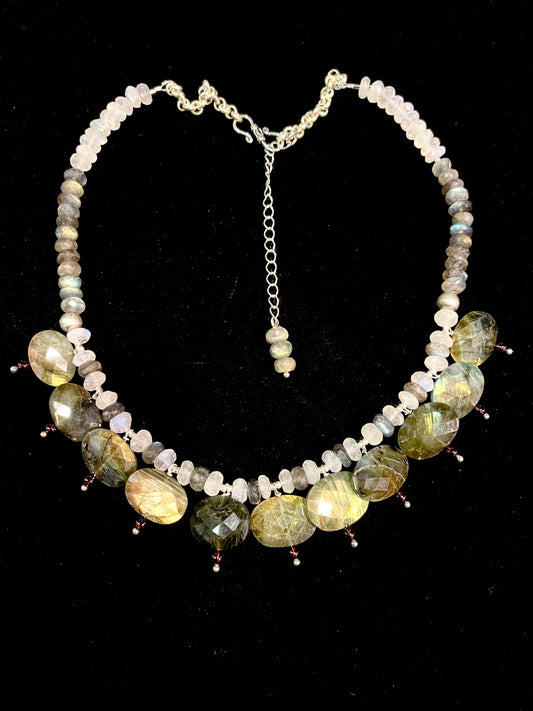Faceted Labradorite Necklace with Garnets and Moonstones