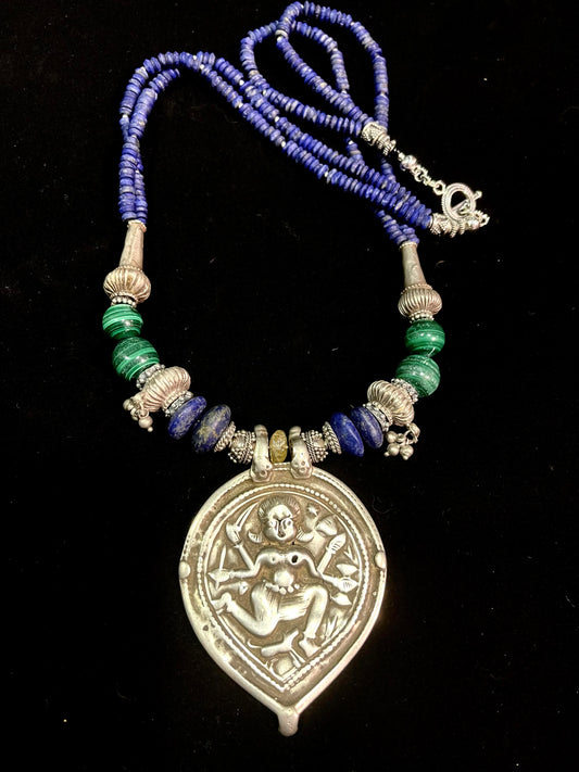 Antique silver Indian Patri pendant, with Antique beads from India, malachite and Lapis Lazuli
