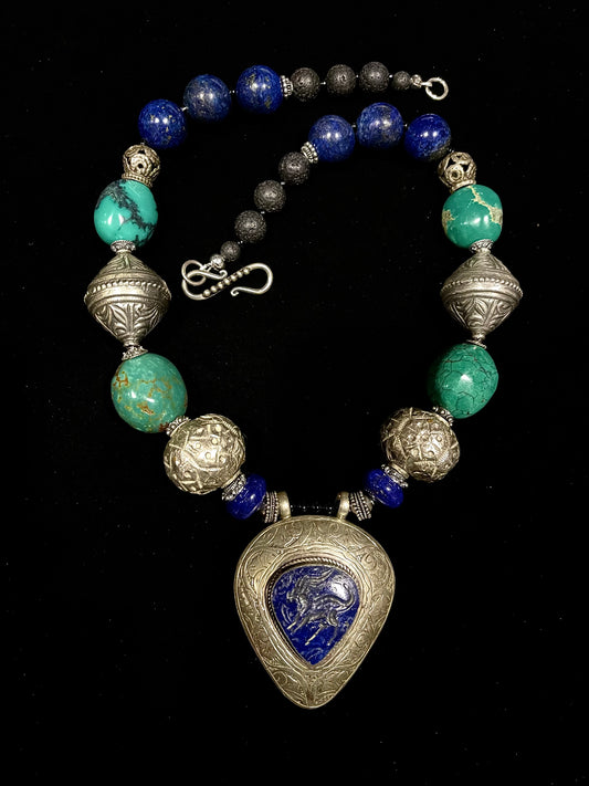 Afghan lapis and turquoise necklace
