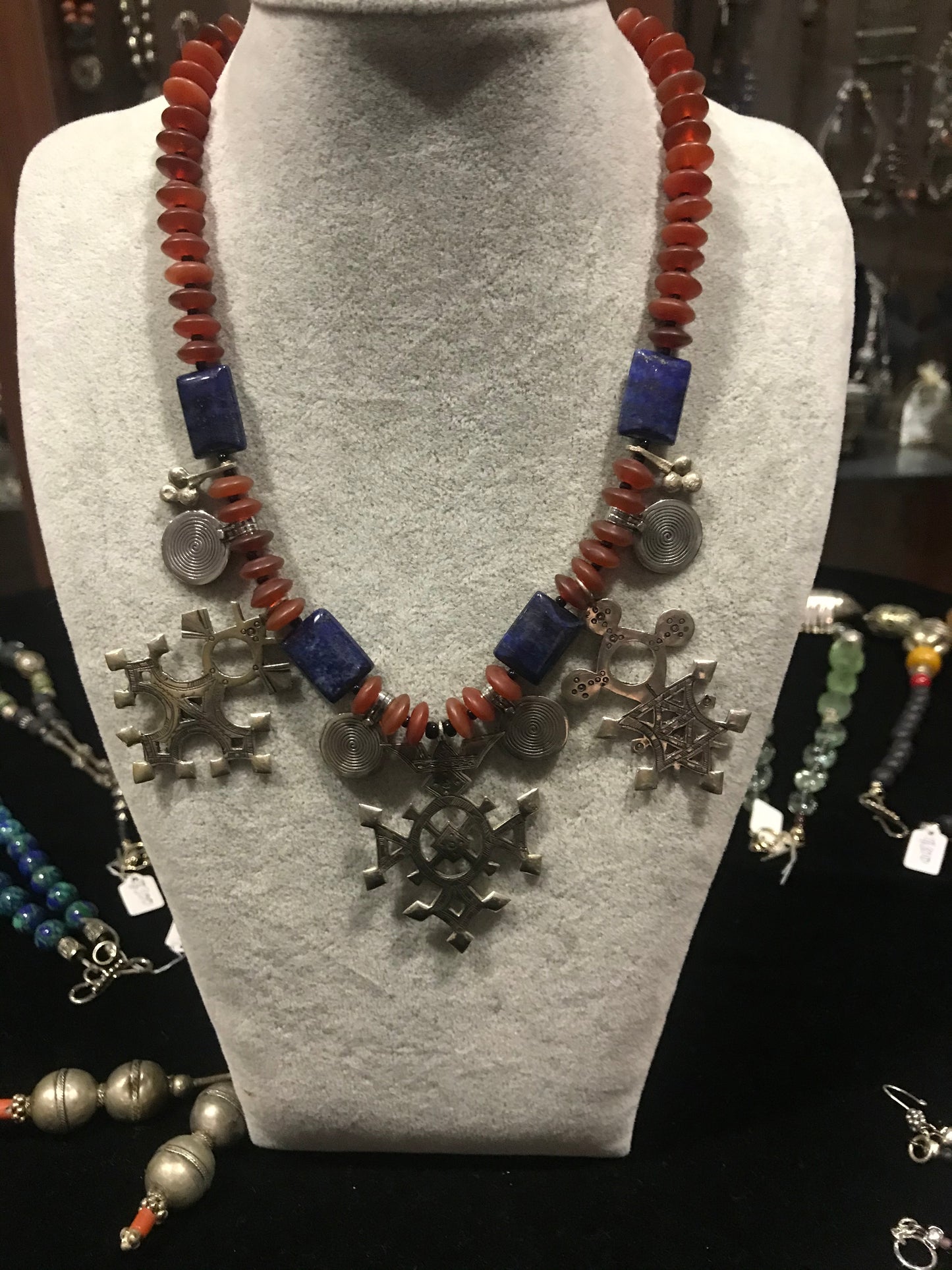 Silver Tuareg pendants with Lapis and Carnelian