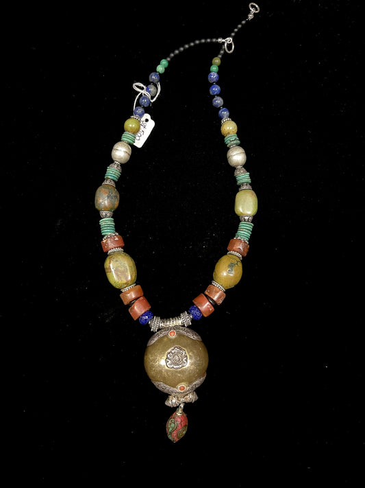 Tibetan pendant with coral and turquoise