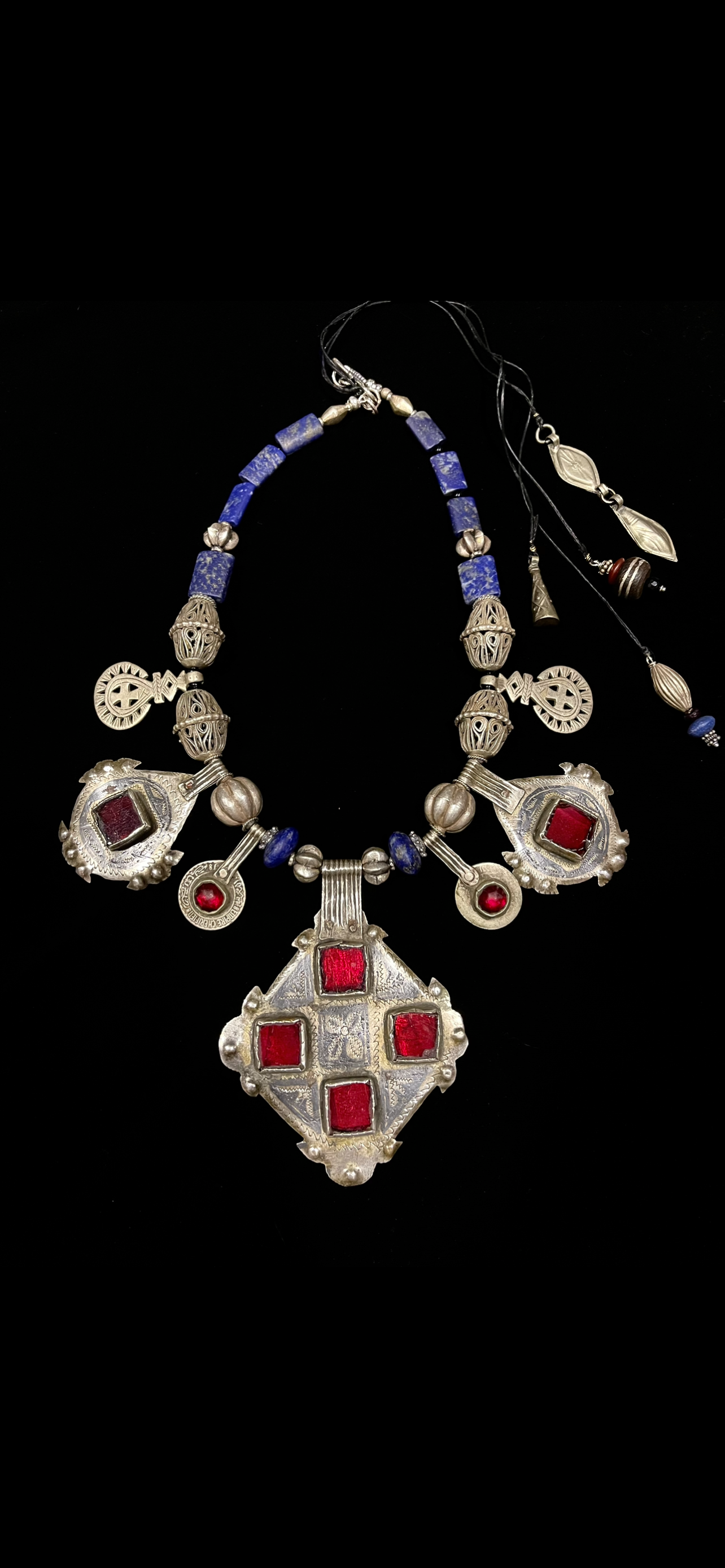 Antique Moroccan Niello and red glass necklace