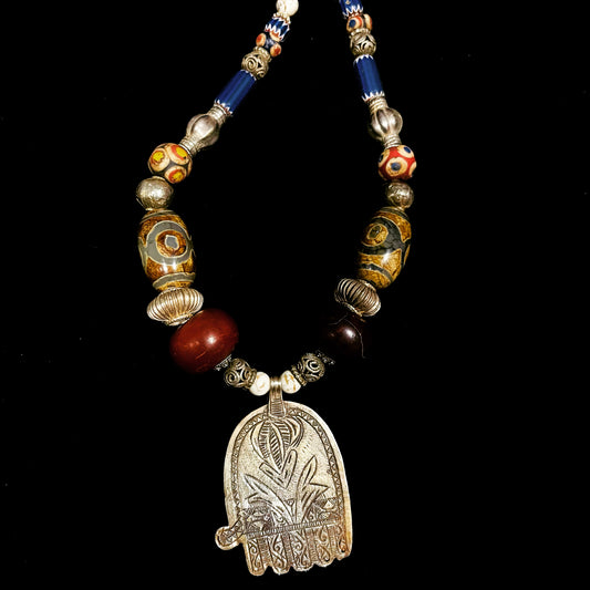 Old silver Khamsa pendant and trade bead necklace