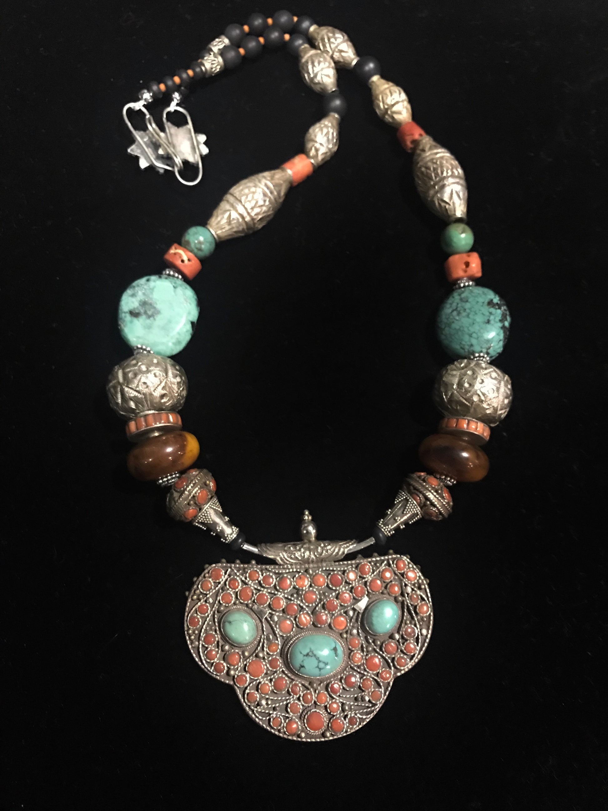 Nepali silver coral and turquoise pendant, coral turquoise, phenolic amber and old silver beads 